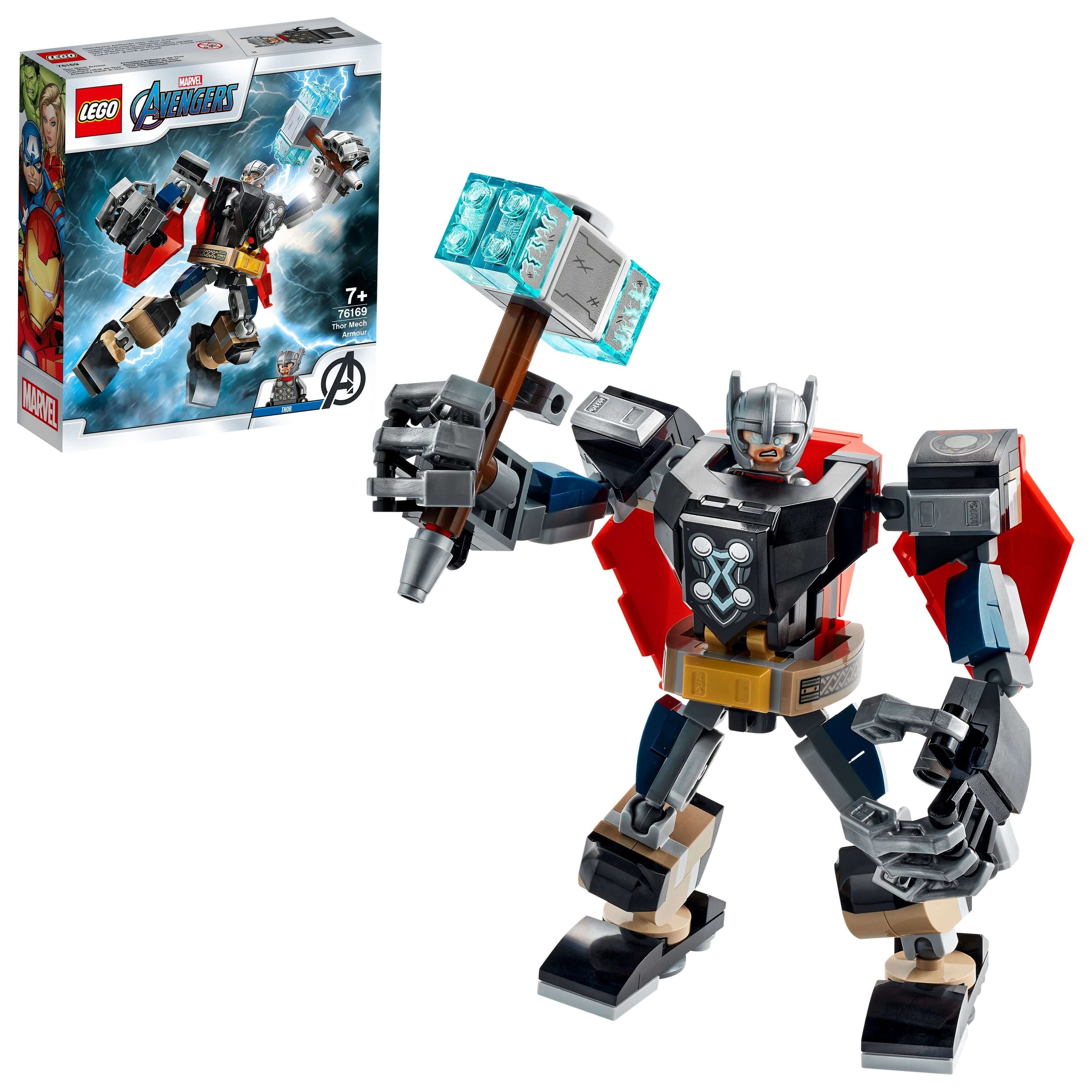 LEGO® Marvel Avengers Thor Mech Armour Toy 76169 with attachable hammer and Thor minifigure, perfect for superhero fans.