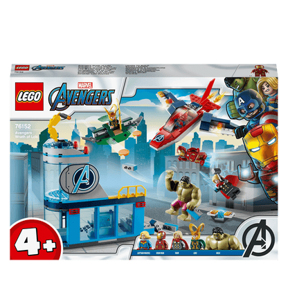LEGO Marvel Avengers Wrath of Loki Set 76152 featuring Iron Man, Thor, Hulk, Captain Marvel, and Loki on the box.