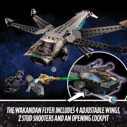 LEGO Marvel Black Panther Dragon Flyer Set 76186 features adjustable wings, shooters, and cockpit, perfect for young superheroes.