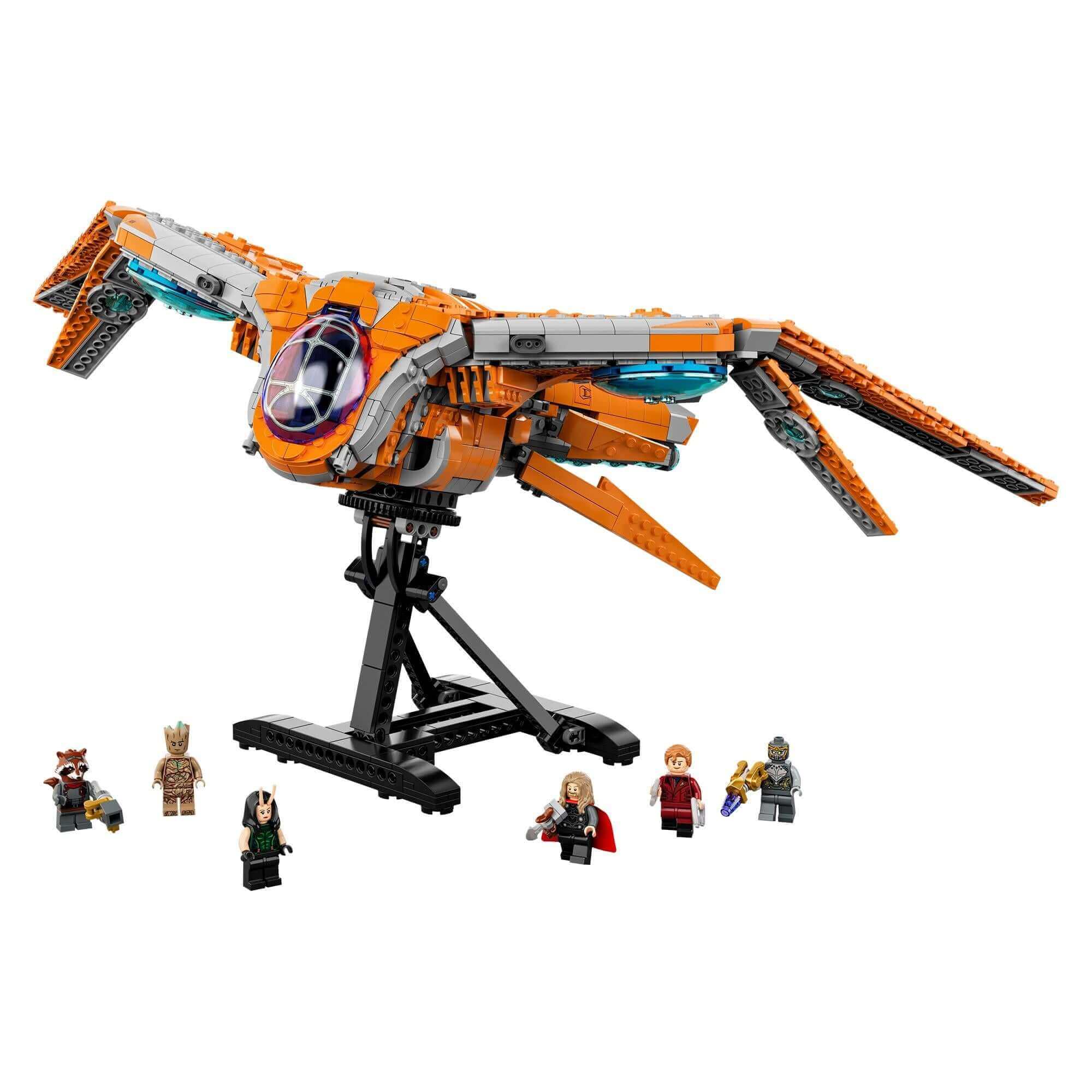 LEGO Marvel Guardians' Ship Avengers Set 76193 with minifigures, iconic spaceship display model from Marvel movies.