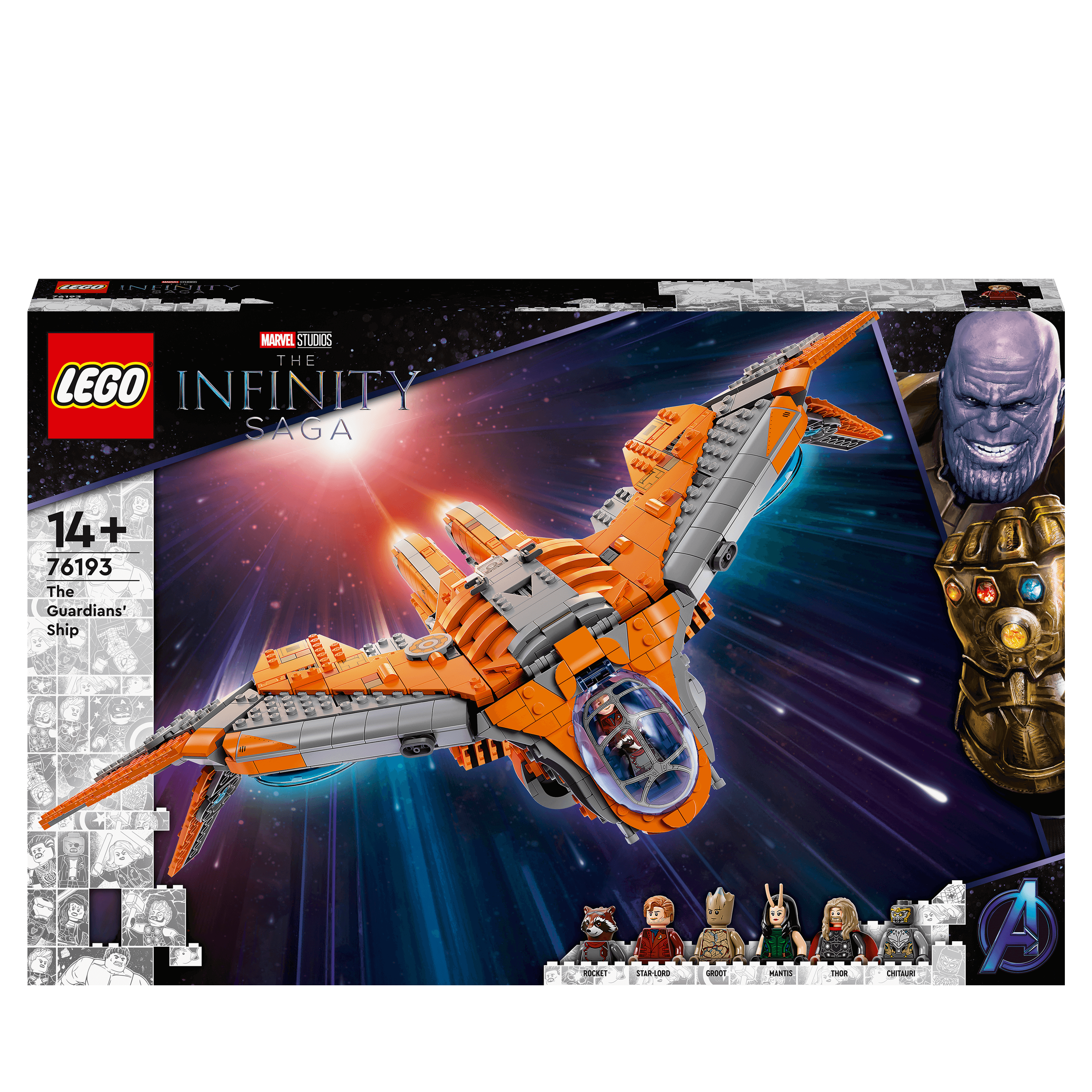 LEGO Marvel The Guardians' Ship Avengers Set 76193 box art featuring iconic spaceship and minifigures