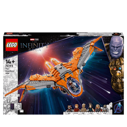 LEGO Marvel The Guardians' Ship Avengers Set 76193 box art featuring iconic spaceship and minifigures