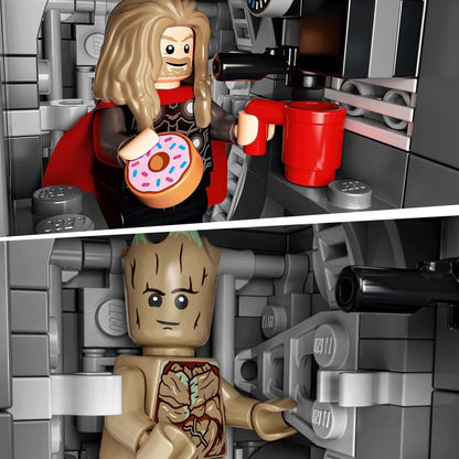 LEGO Marvel Guardians' Ship set featuring characters holding coffee and donut inside a spaceship.