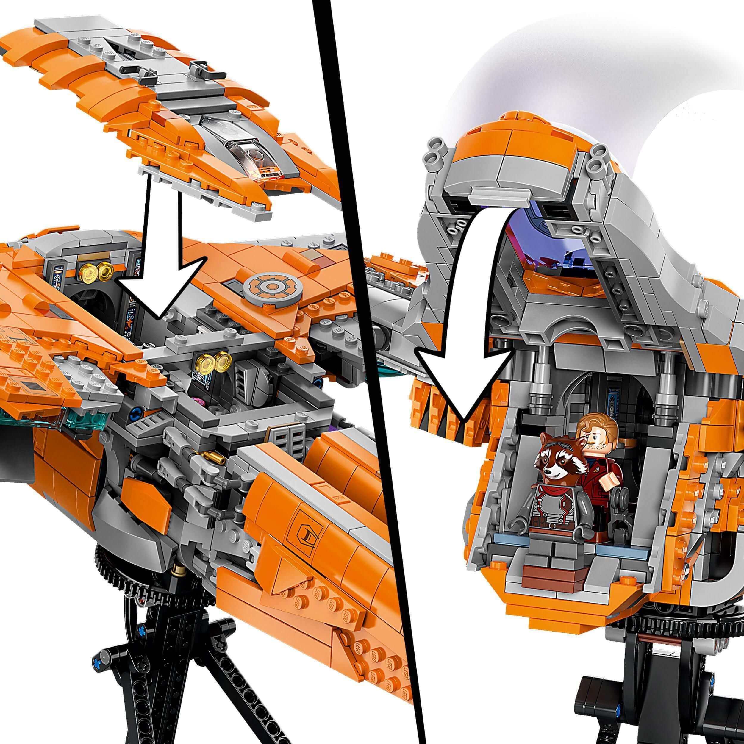 Detailed view of LEGO Marvel Guardians’ Ship Set 76193, showcasing interior and design features for display.
