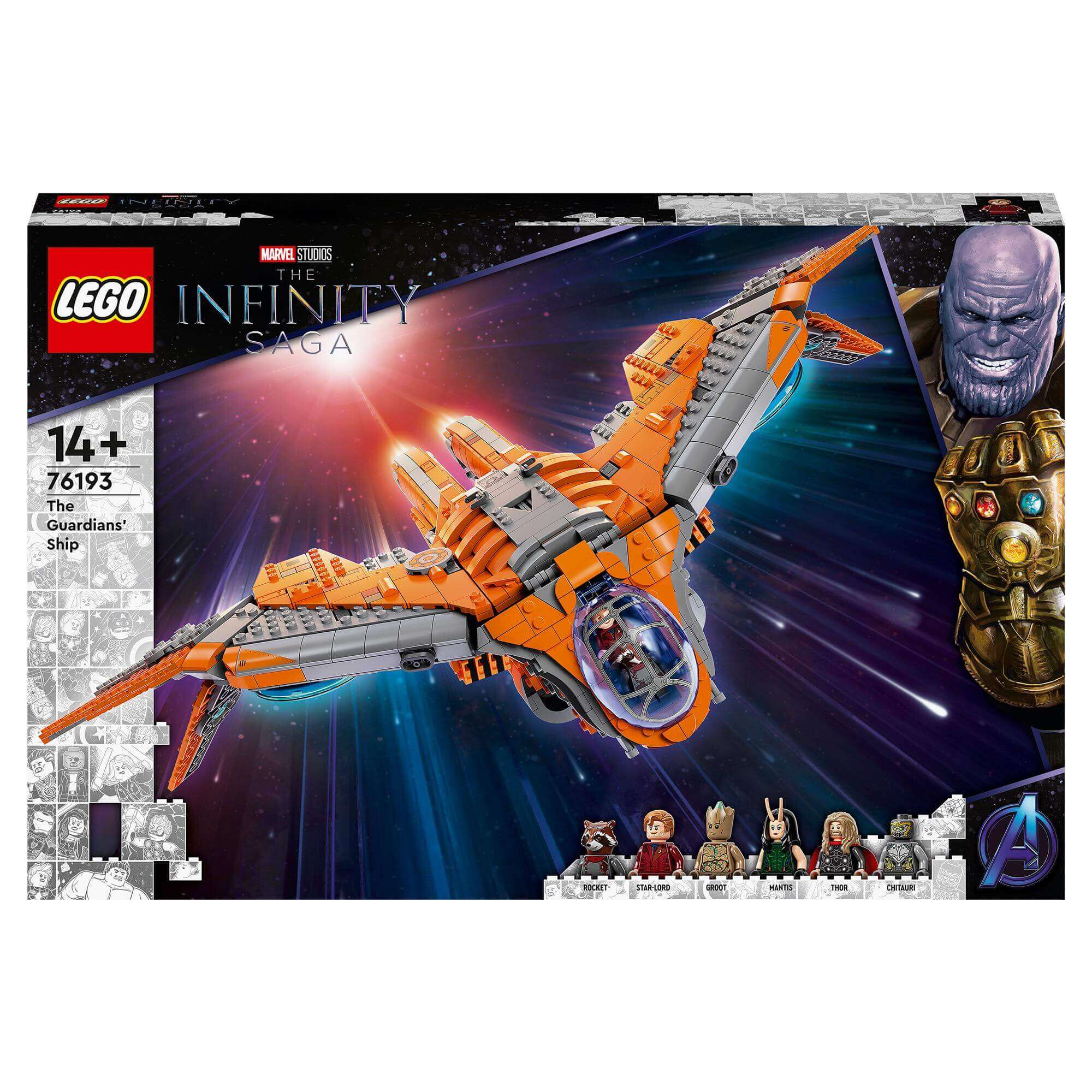 LEGO Marvel The Guardians' Ship Avengers Set 76193, a detailed model of the iconic spaceship from the Avengers movies.