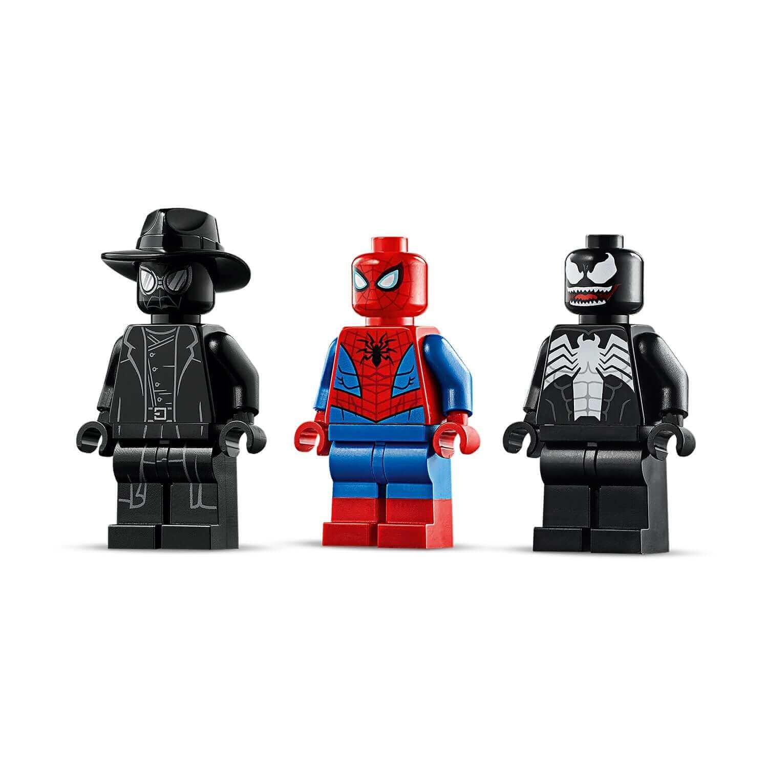 LEGO Marvel Spider-Man, Spider-Man Noir, and Venom minifigures from the 76150 set for superhero play.