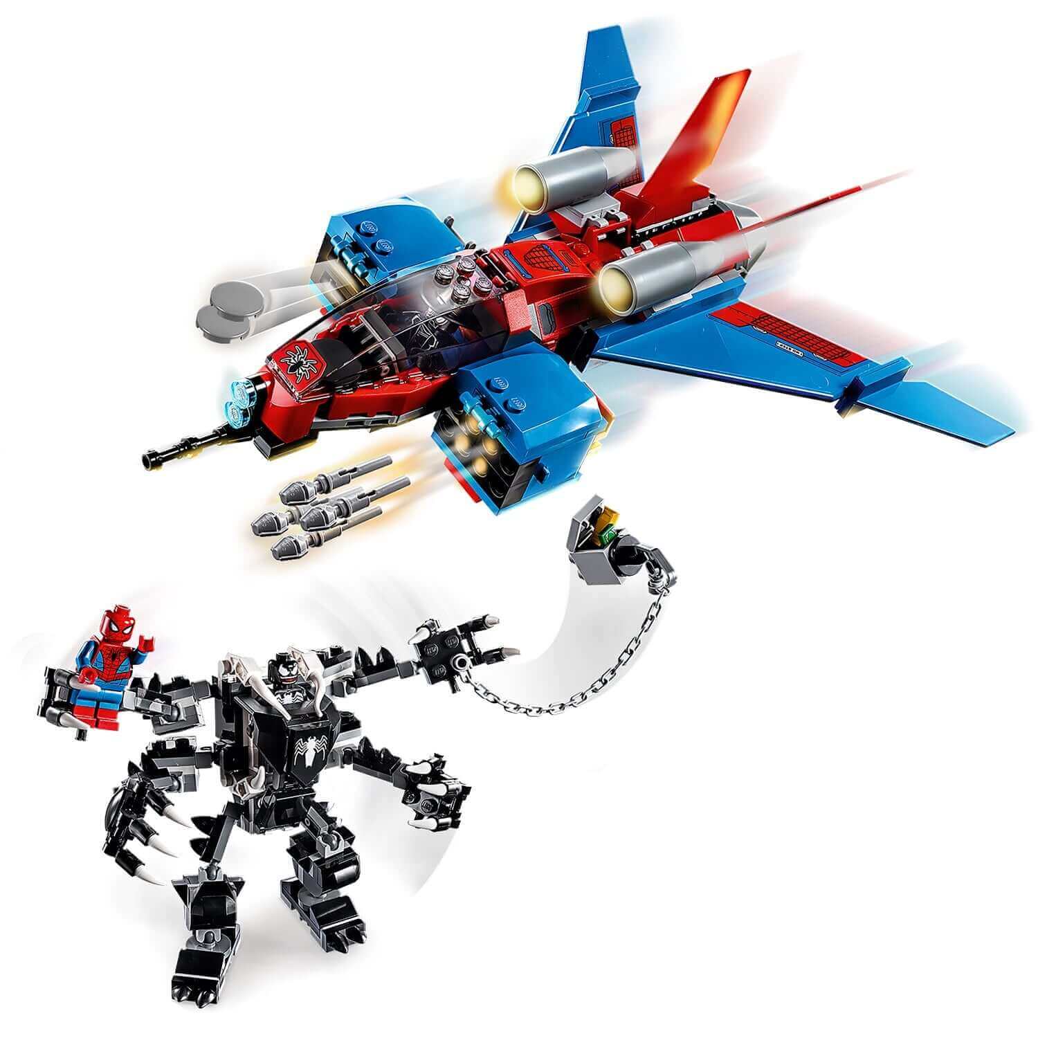 LEGO Marvel Spider-Man Jet vs. Venom Mech Set 76150 with Spider-Man and Venom's mech in action.