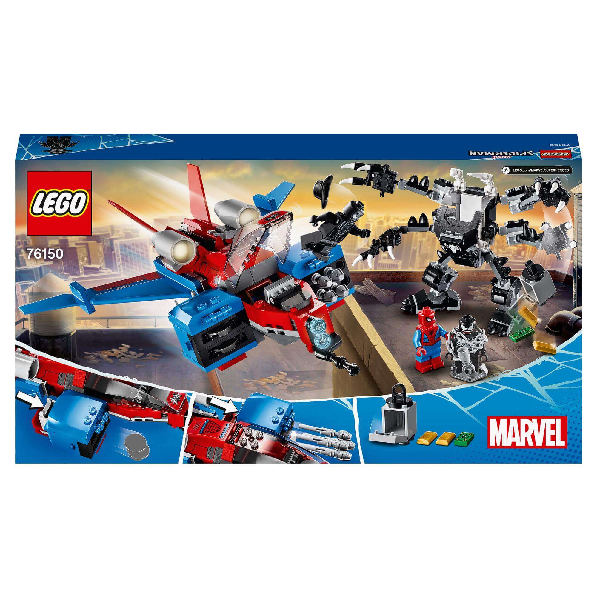 LEGO Marvel Spider-Man Jet vs. Venom Mech Set 76150 featuring Spider-Man and Venom in an action scene.