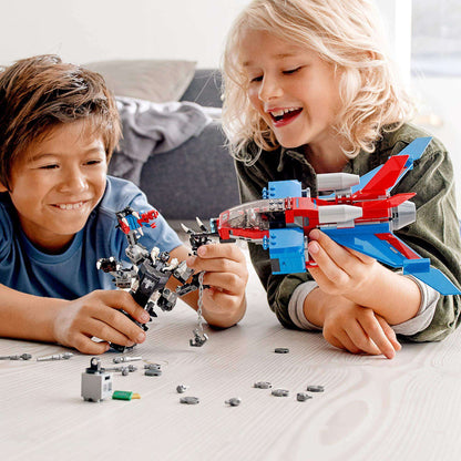 Kids playing with LEGO® Marvel Spider-Man Jet vs. Venom Mech Set 76150, featuring Spider-Man and Venom characters.
