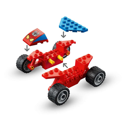 Buildable LEGO Spider-Man vehicle featuring red body and wheels, showcasing customization with detachable parts.