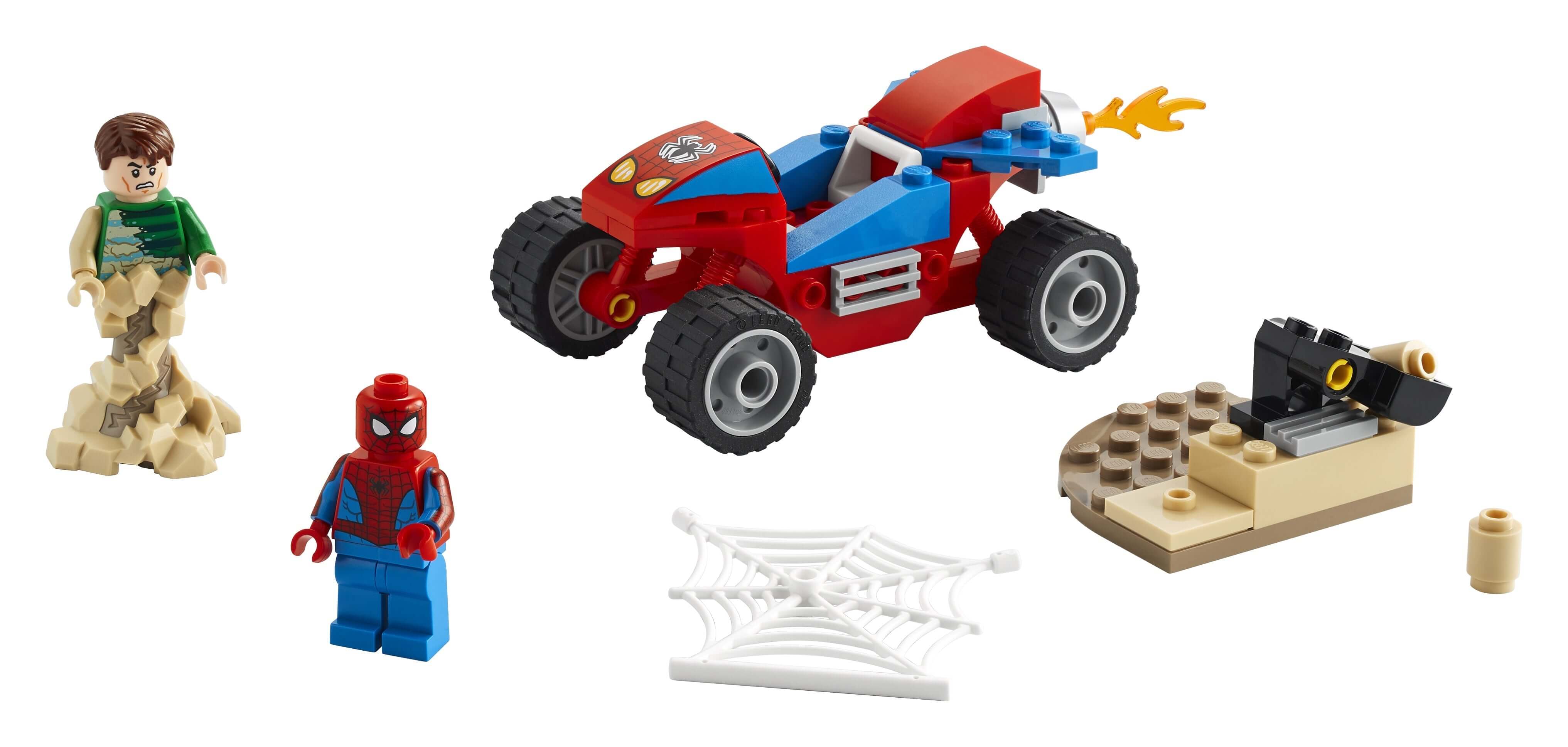 LEGO Marvel Spider-Man & Sandman set featuring Spider-Man, Sandman, vehicle, and accessories for imaginative play.
