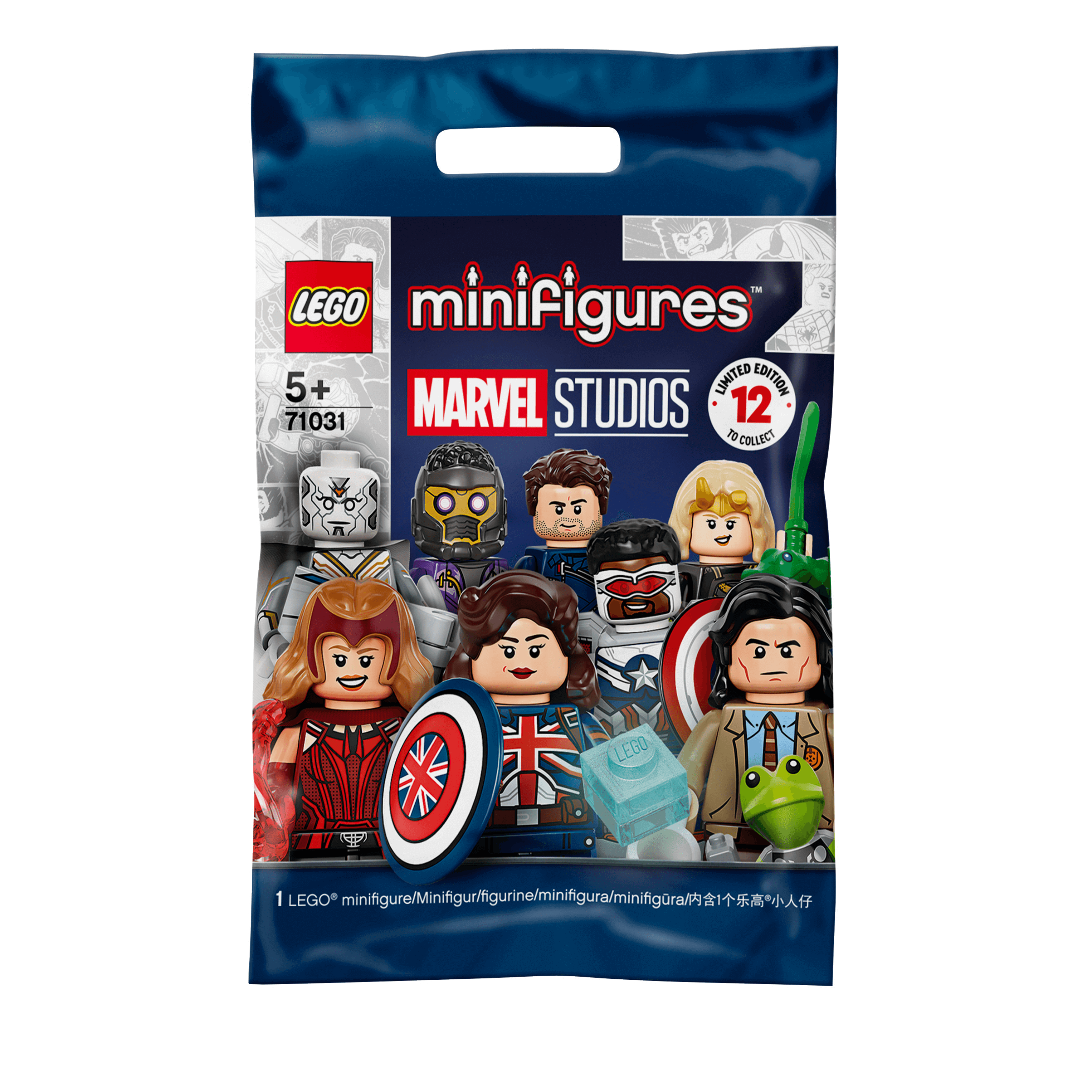LEGO® Minifigures Marvel Studios Building Set 71031 featuring 12 collectible characters in mystery bags for fans.