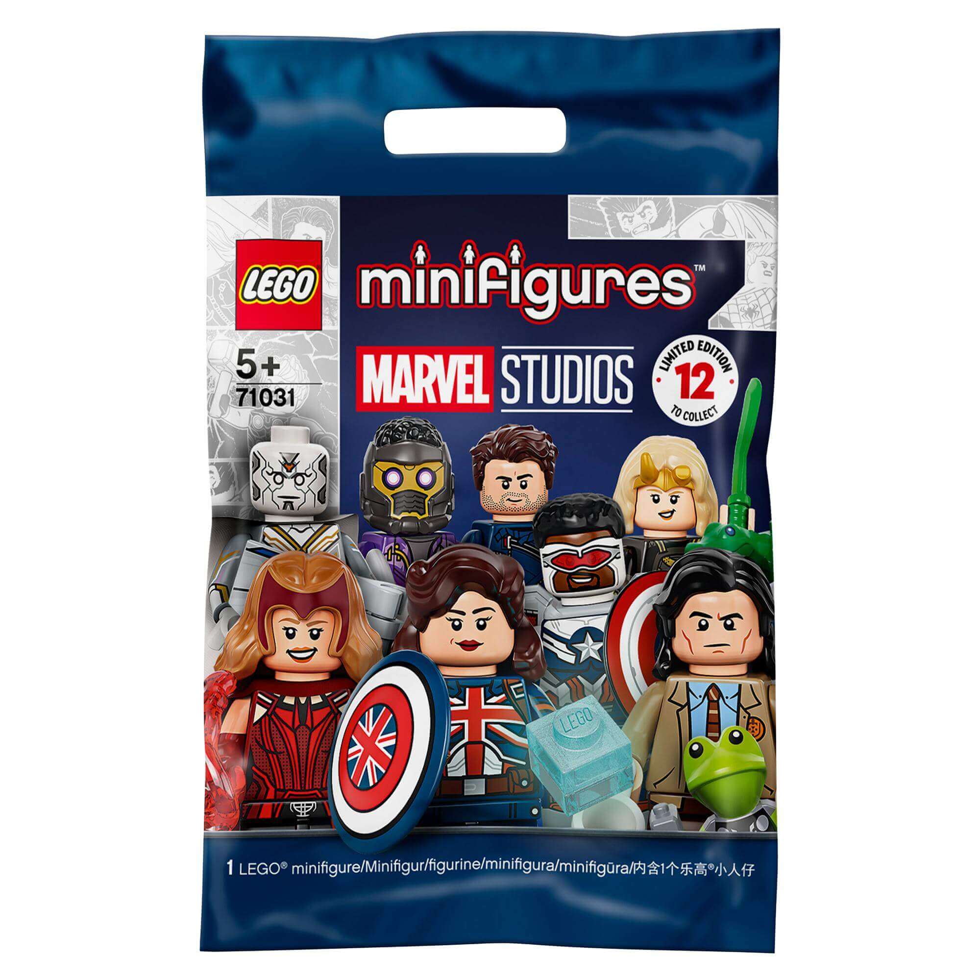 LEGO® Minifigures Marvel Studios Building Set 71031 with assorted superhero characters and accessories in a mystery bag.