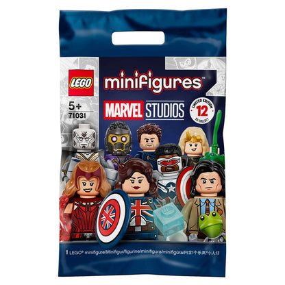 LEGO® Minifigures Marvel Studios Building Set 71031 with assorted superhero characters and accessories in a mystery bag.