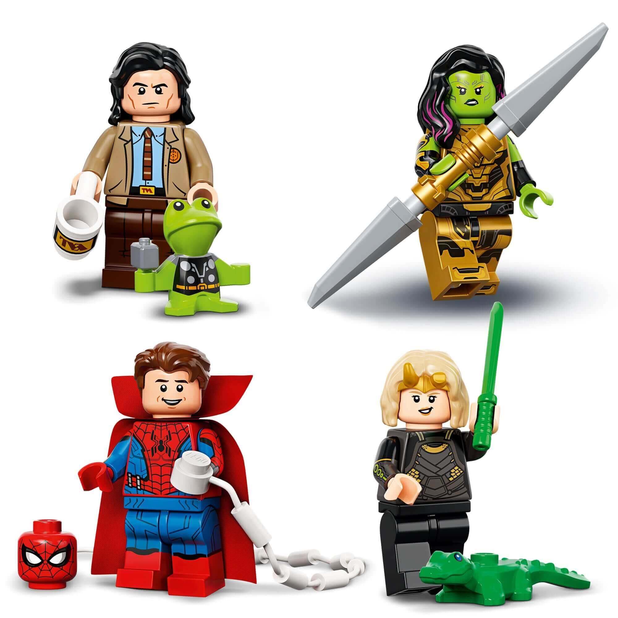 LEGO® Minifigures Marvel Studios Building Set 71031 featuring Loki, Gamora, Spider-Man, and Sylvie with accessories.