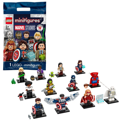 LEGO® Minifigures Marvel Studios Building Set 71031 featuring assorted characters and accessories in mystery bags.