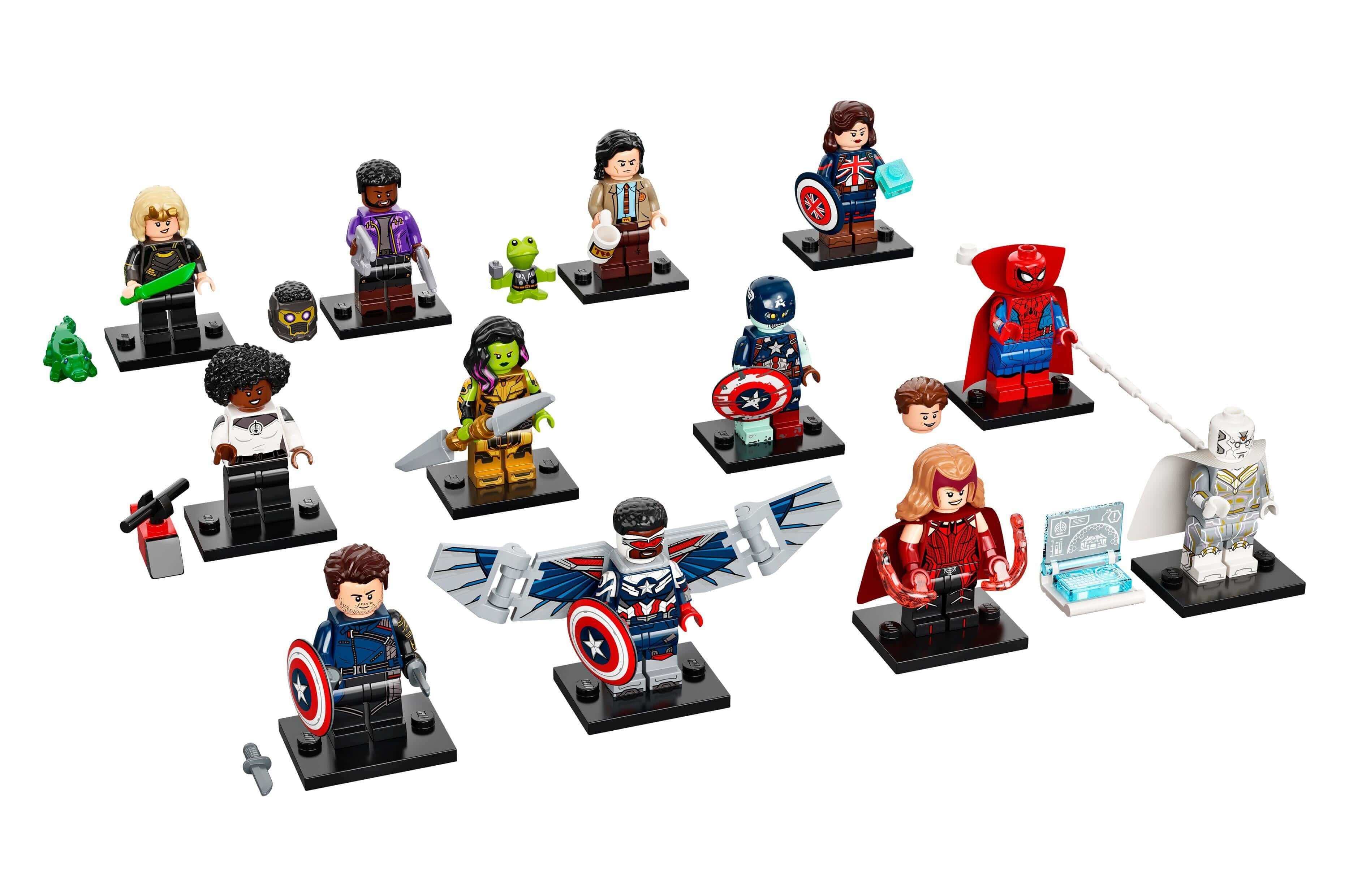 LEGO® Minifigures Marvel Studios set 71031 featuring 12 characters with accessories in vibrant designs.