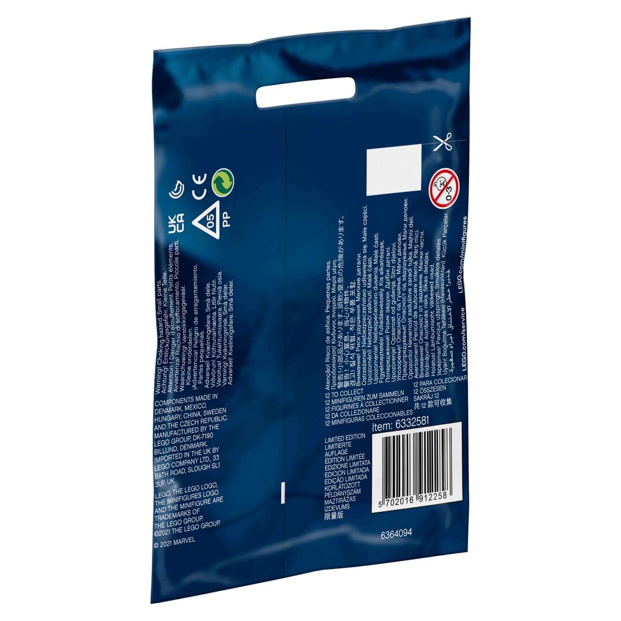 Back of LEGO® Minifigures Marvel Studios 71031 mystery bag packaging with product details and barcode.