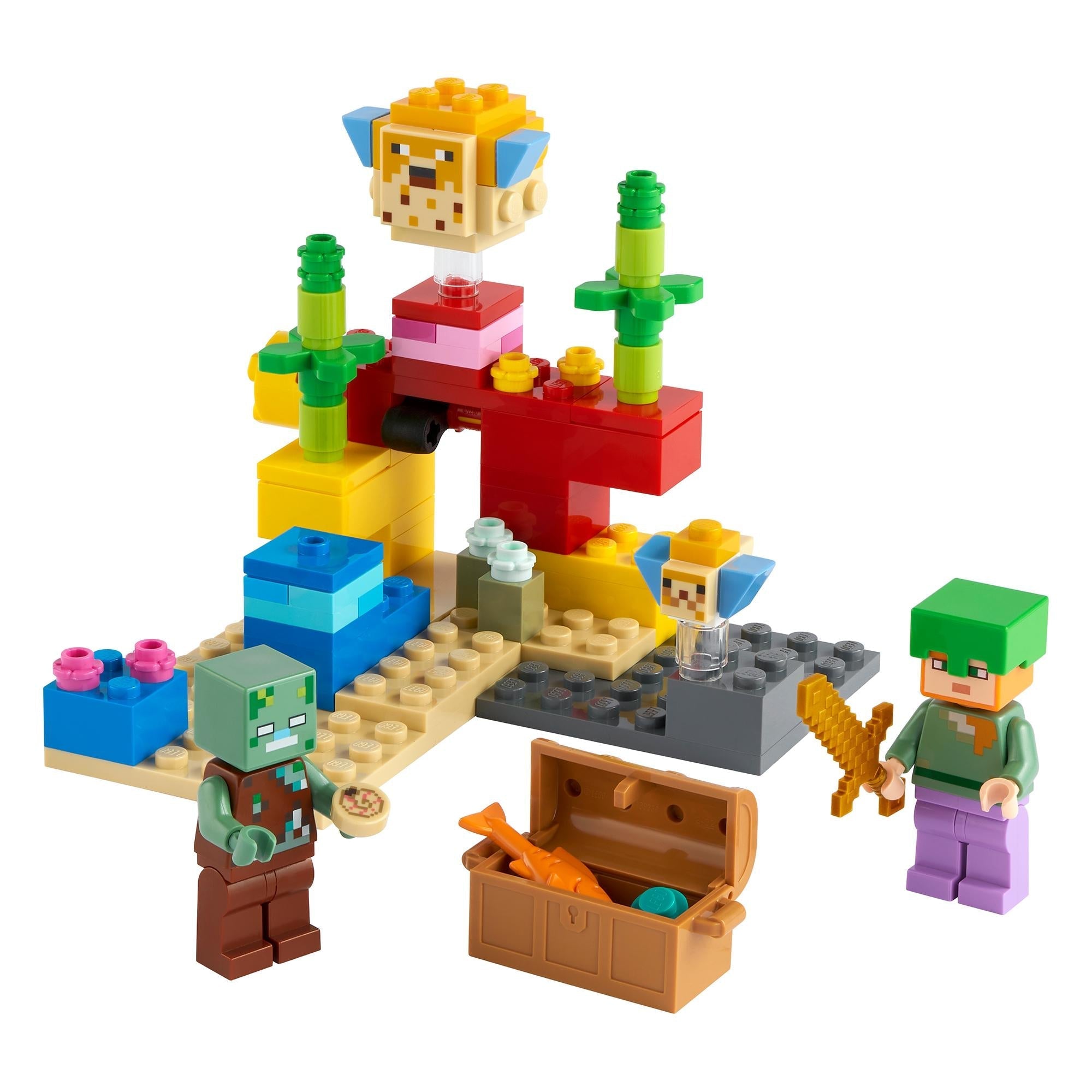 LEGO® Minecraft The Coral Reef set 21164 featuring iconic characters, bricks, and treasure chest for immersive play.