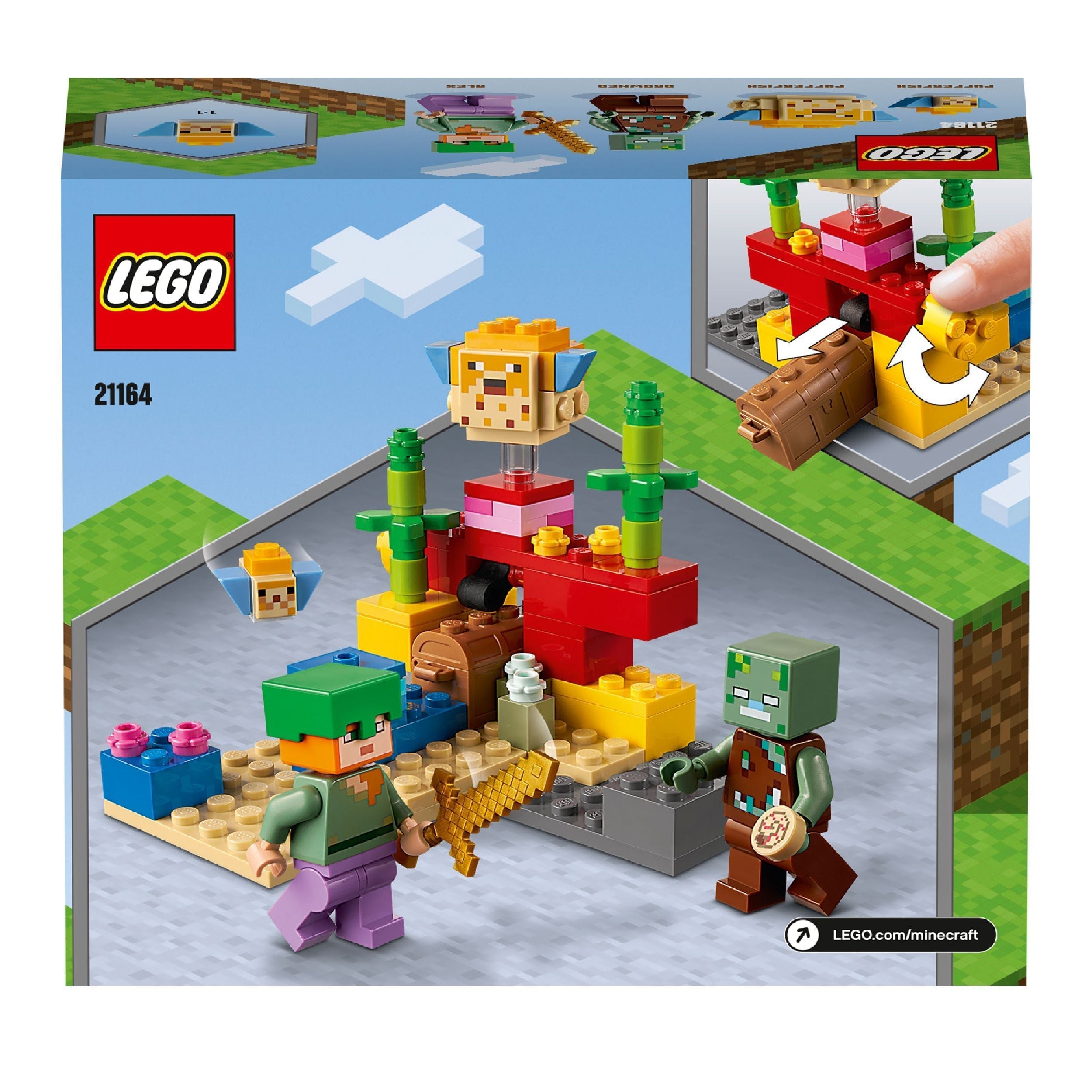 LEGO® Minecraft The Coral Reef set 21164 featuring playable characters and vibrant underwater bricks.
