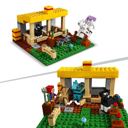 LEGO® Minecraft The Horse Stable Farm Toy 21171 featuring horse care and adventure scenes with characters and obstacles.