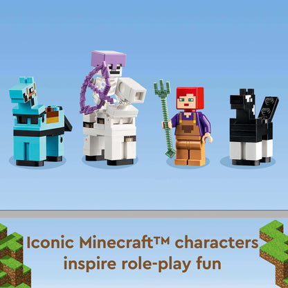 LEGO® Minecraft The Horse Stable featuring characters, horses, and accessory for role-play fun in a Minecraft-themed set.
