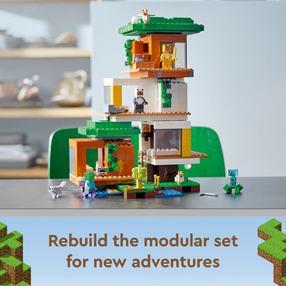 LEGO Minecraft The Modern Treehouse 21174 model with modular rooms and tower tree for creative play and adventures.