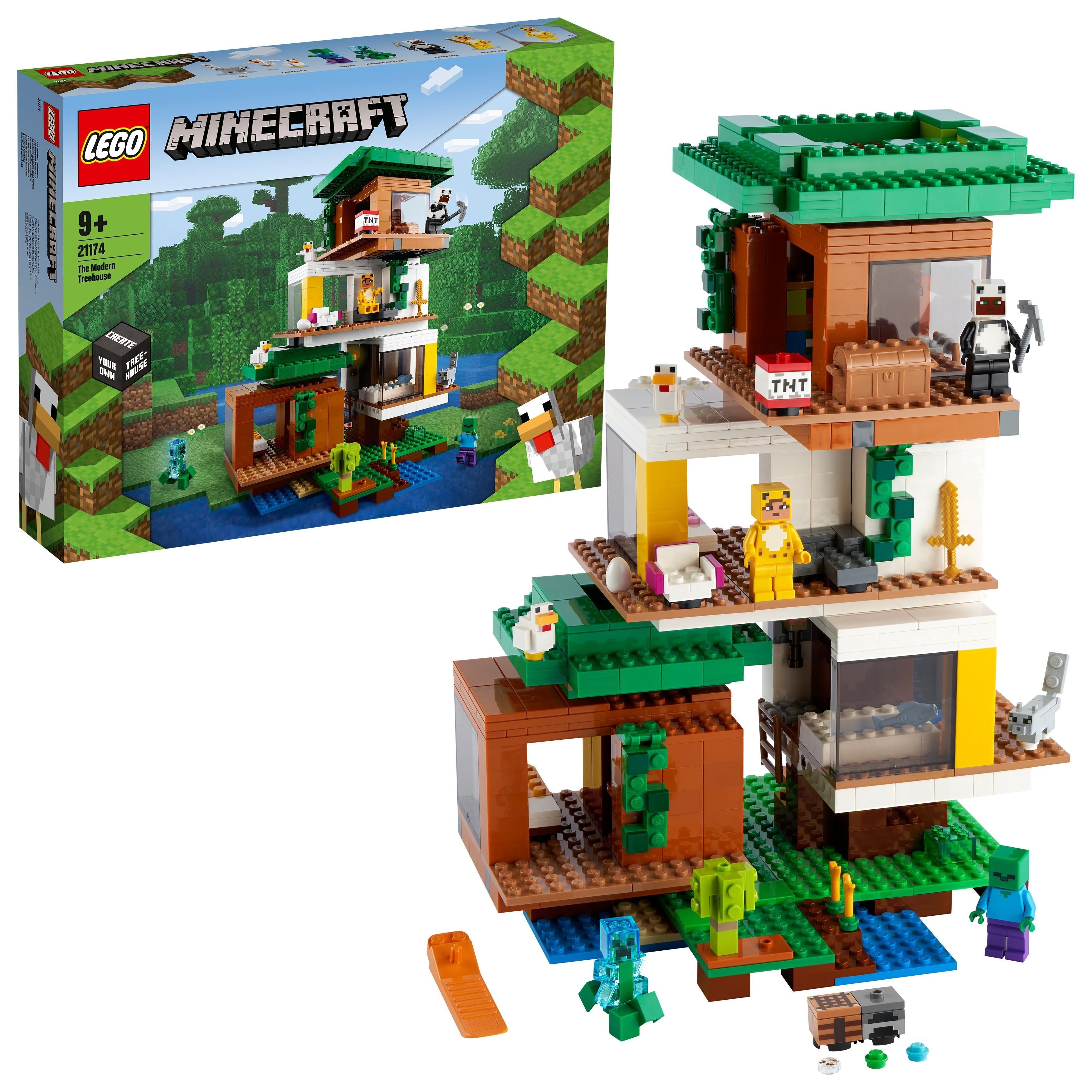 LEGO® Minecraft The Modern Treehouse 21174 with modular design, featuring tree, rooms, and Minecraft characters.