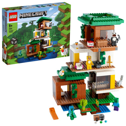 LEGO® Minecraft The Modern Treehouse 21174 with modular design, featuring tree, rooms, and Minecraft characters.