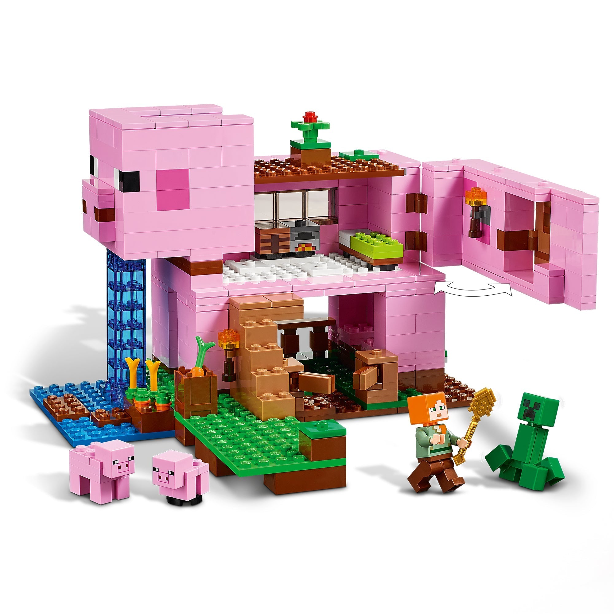 LEGO Minecraft The Pig House 21170 set featuring a pig-shaped house, Steve, and figures, perfect for creative adventures.