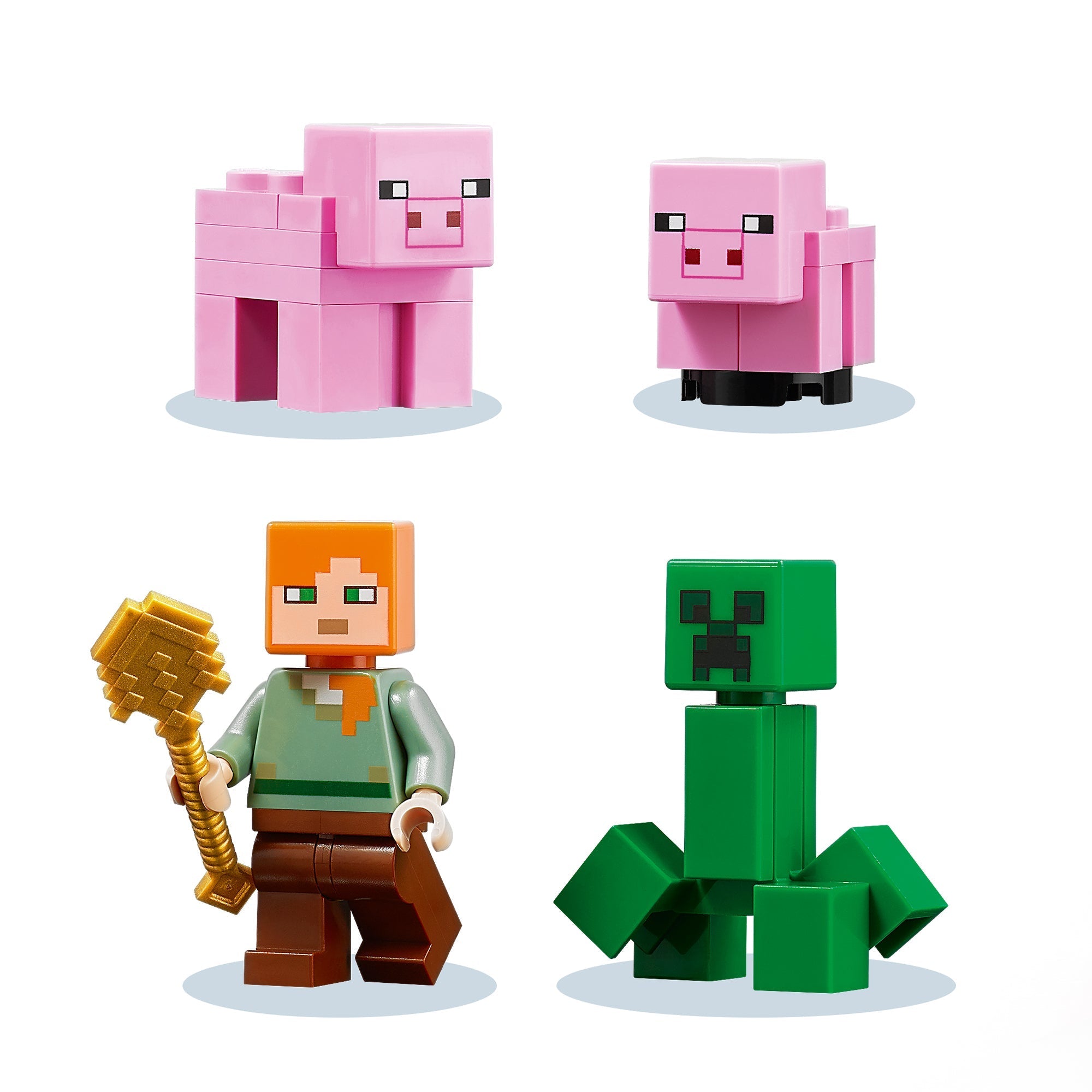 LEGO Minecraft The Pig House characters including two pigs, Steve, and a Creeper toy figures.