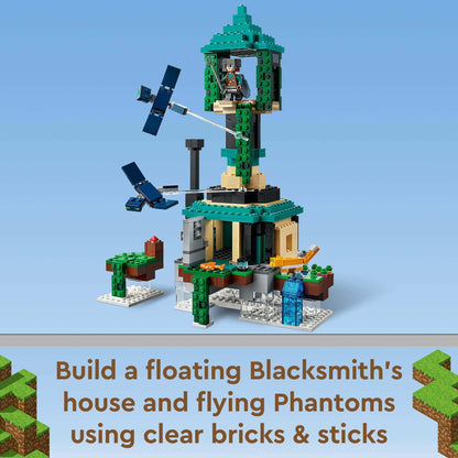 LEGO® Minecraft The Sky Tower Set, featuring floating Blacksmith's house and flying Phantoms with clear bricks.
