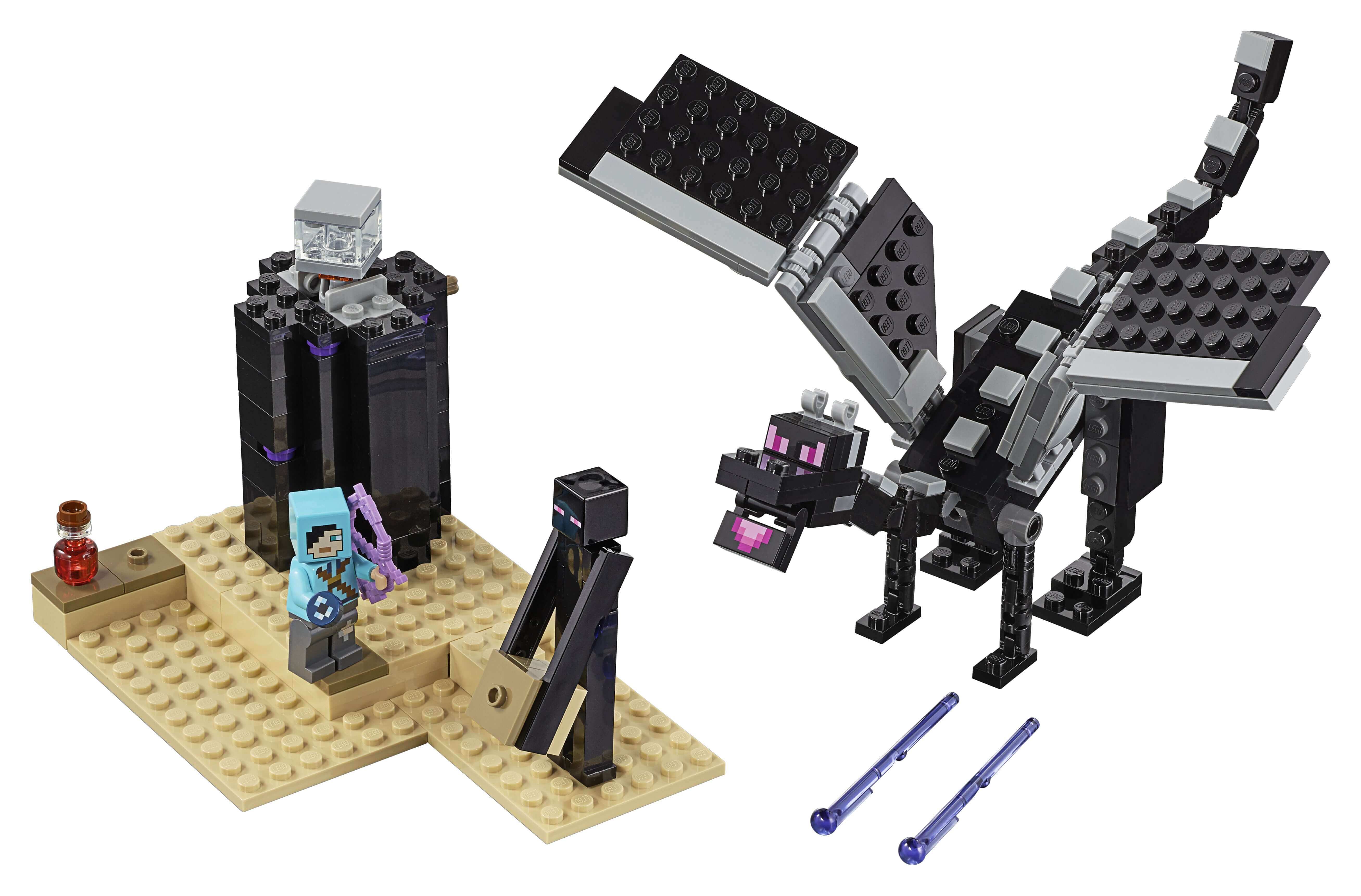 LEGO Minecraft The End Battle set 21151 featuring Ender Dragon, Enderman, and Steve character on a sandy battlefield.