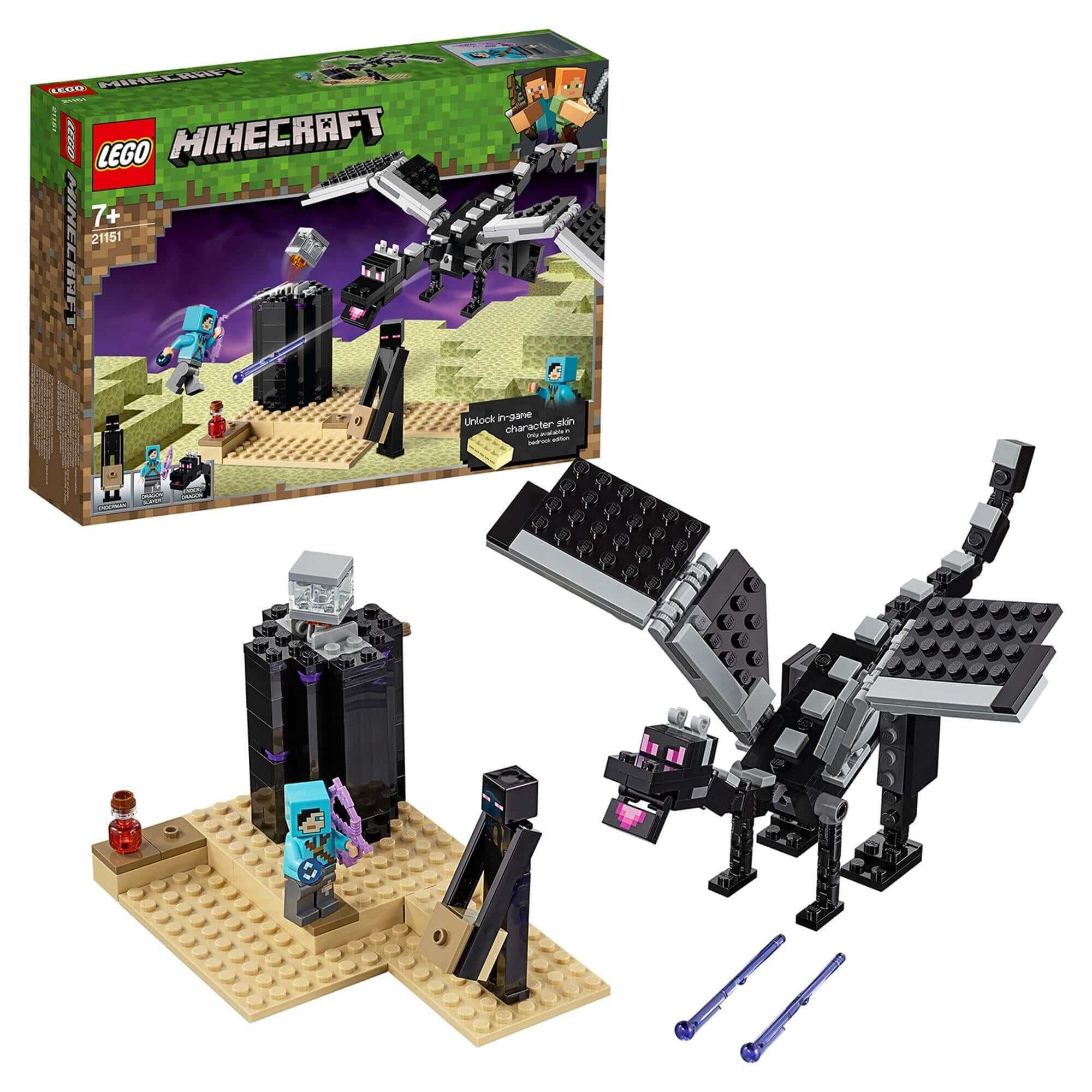 LEGO® Minecraft The End Battle collectible toy set 21151 featuring an Ender Dragon and Steve minifigure.