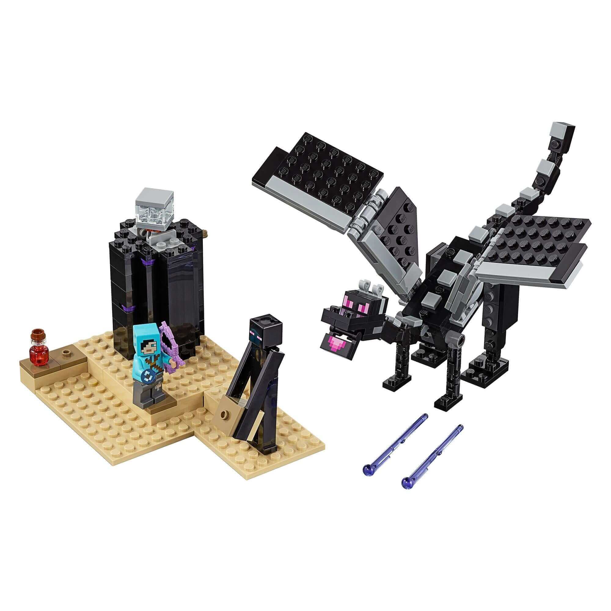 LEGO Minecraft The End Battle 21151 set with Ender Dragon, player figures, and dramatic buildable landscape.