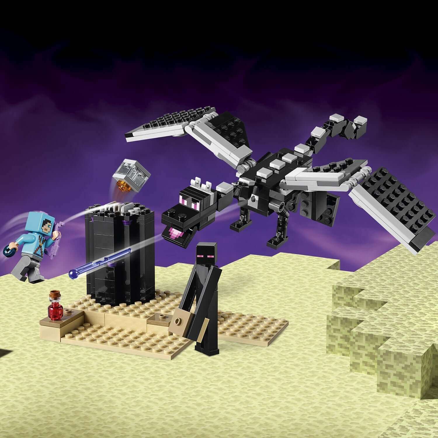 LEGO Minecraft The End Battle Toy 21151 featuring a player, Ender Dragon, and Enderman in action.