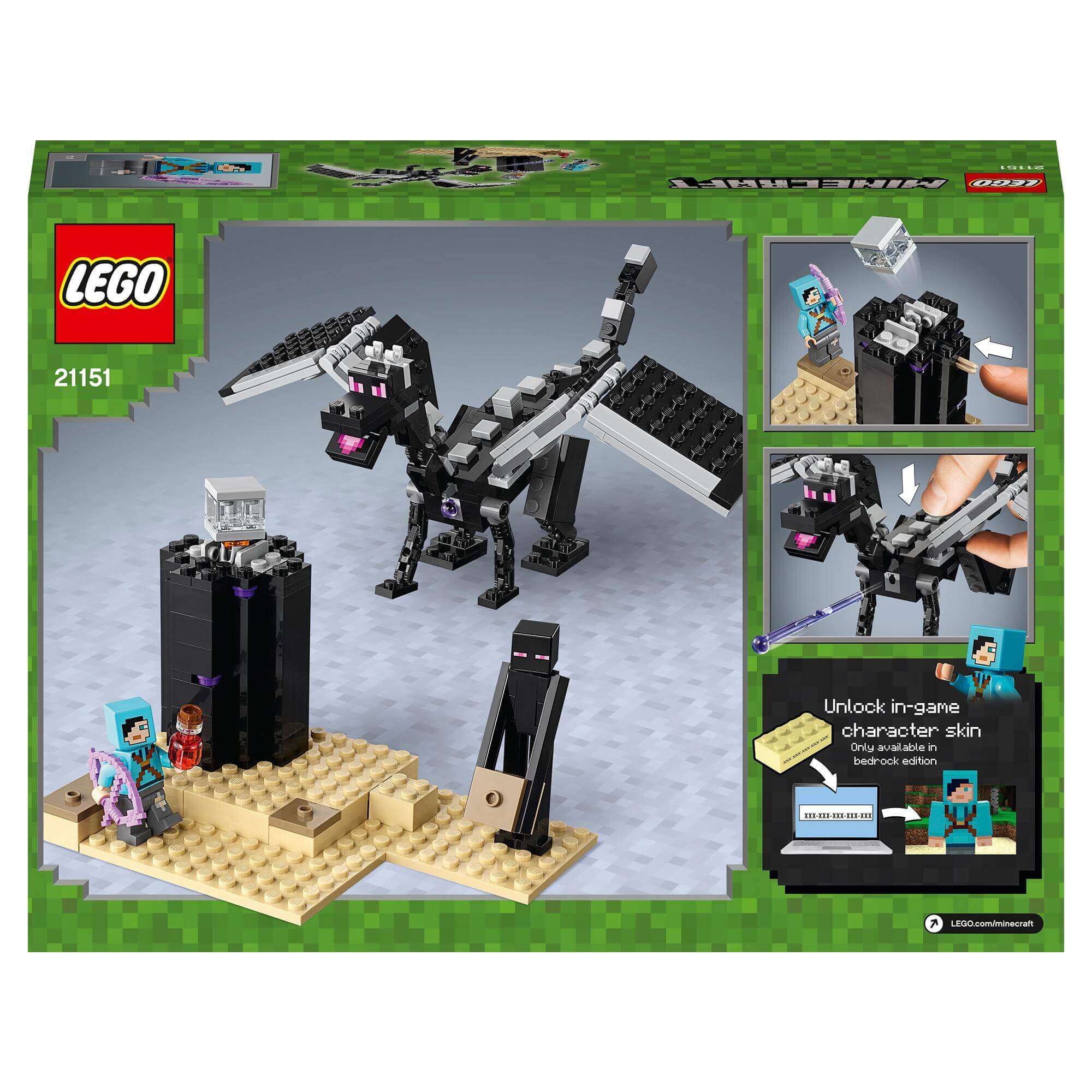 LEGO Minecraft The End Battle collectible set 21151 featuring the Ender Dragon and characters in action.