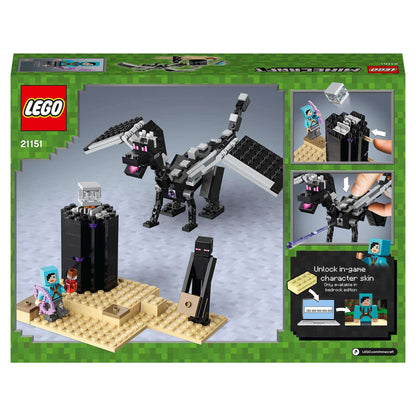 LEGO Minecraft The End Battle collectible set 21151 featuring the Ender Dragon and characters in action.