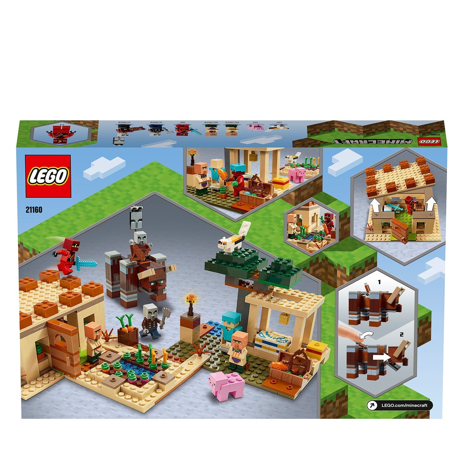 LEGO Minecraft The Illager Raid Building Set 21160 featuring a Minecraft village with characters and a Ravager beast.