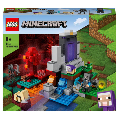 LEGO® Minecraft The Ruined Portal Building Set 21172 featuring an adventure portal, figures, and vibrant Minecraft elements.