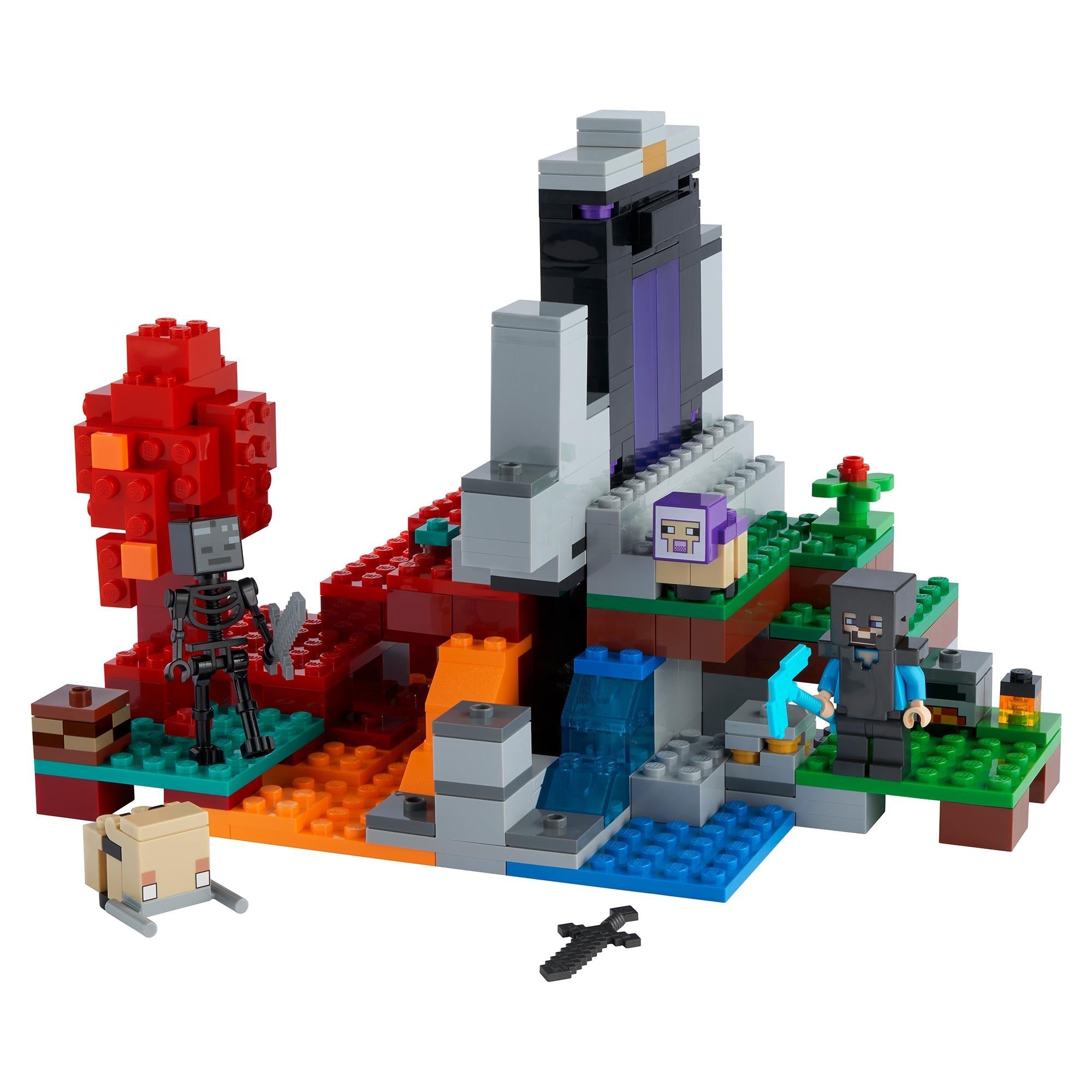 LEGO Minecraft The Ruined Portal Building Set 21172 featuring colorful blocks and characters in a fantasy landscape.