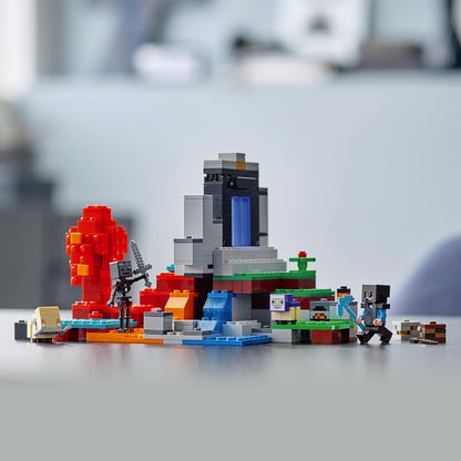 LEGO Minecraft The Ruined Portal set featuring a colorful landscape and characters from the game.