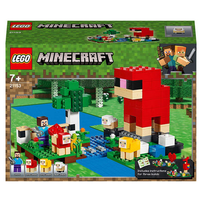 LEGO Minecraft The Wool Farm Building Set 21153, featuring Steve, sheep, and farm structures for creative play.