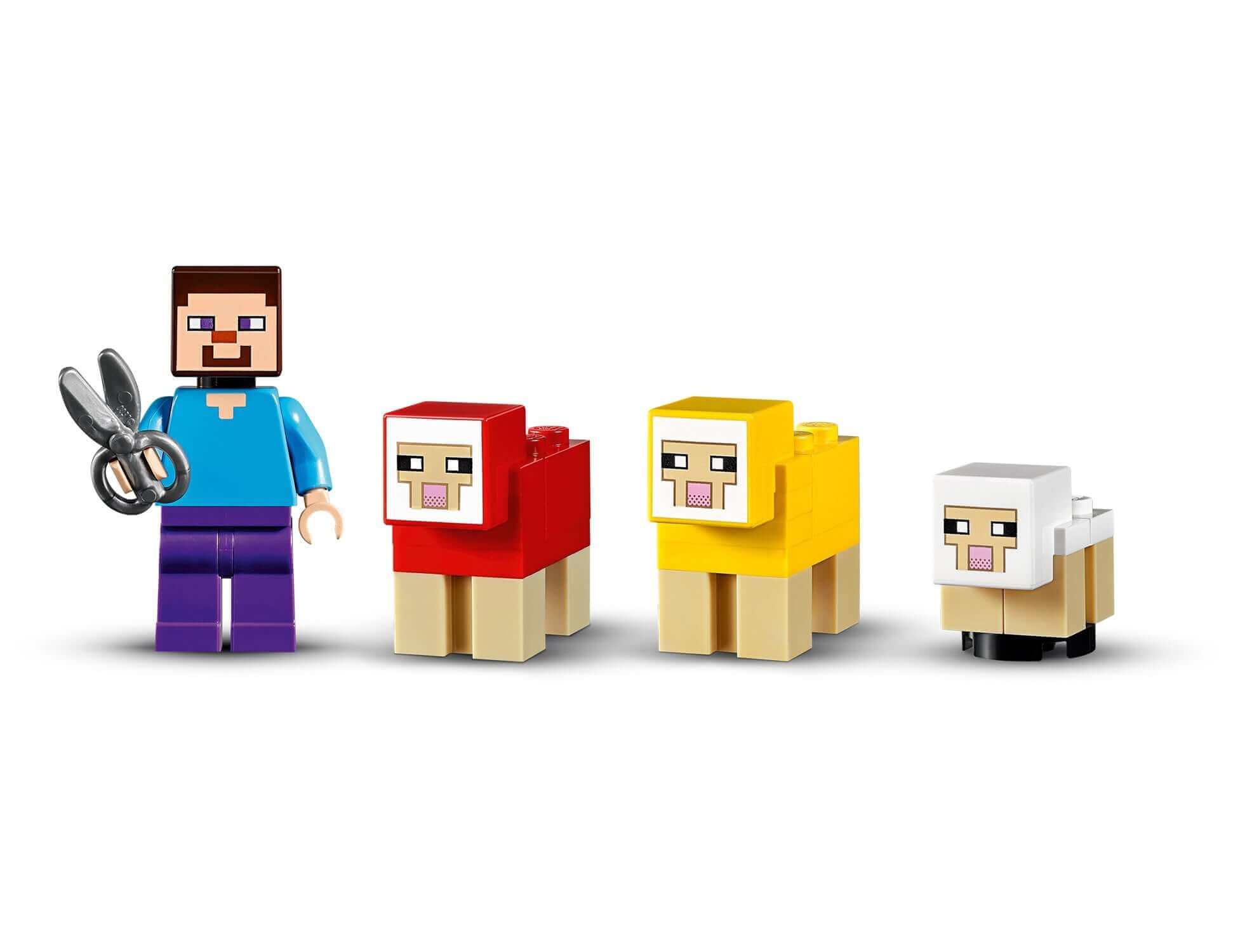 LEGO Minecraft Wool Farm set with Steve minifigure and colorful sheep figures for creative play.