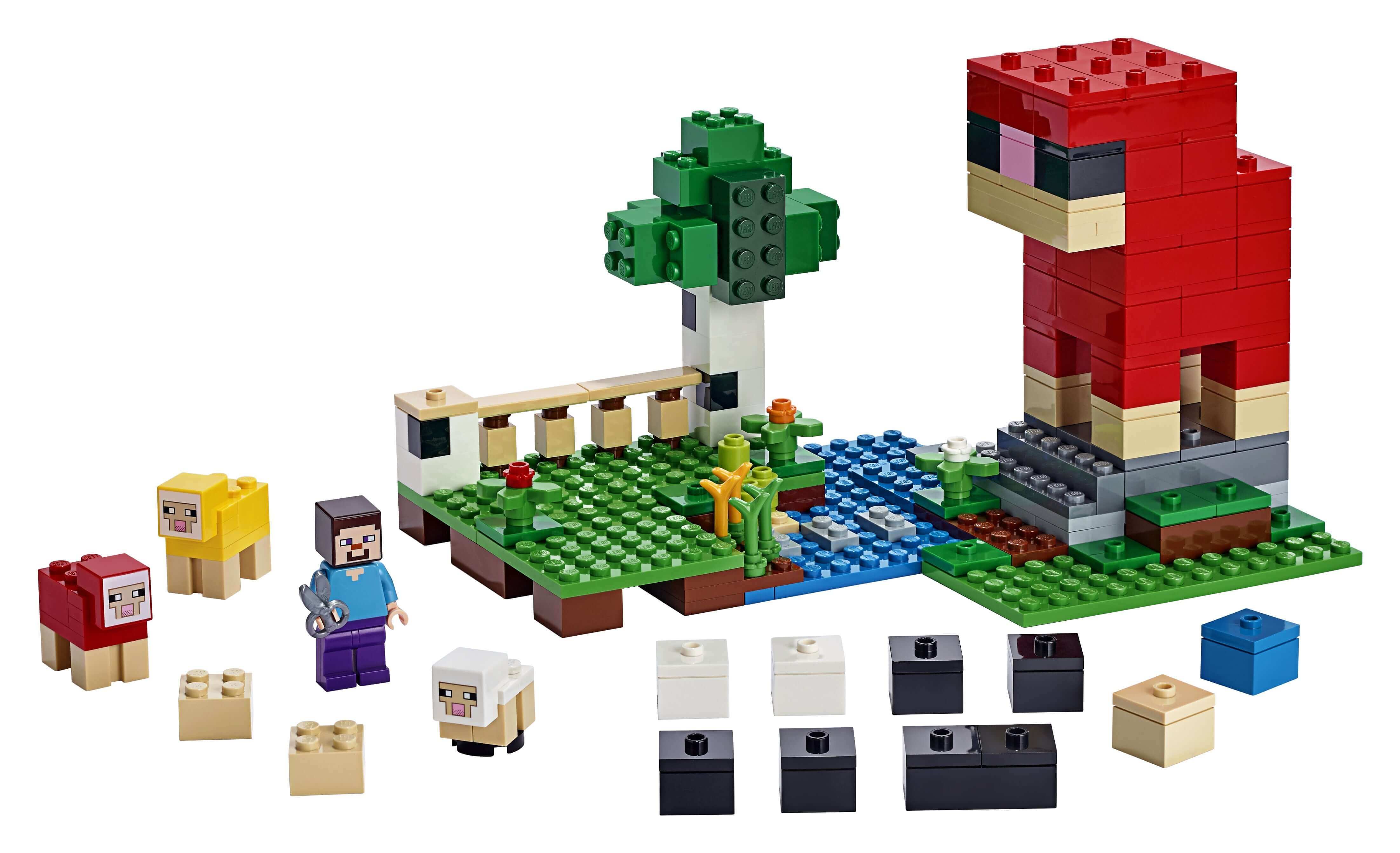LEGO Minecraft The Wool Farm Set 21153 featuring Steve minifigure, sheep, and colorful structures for creative play.