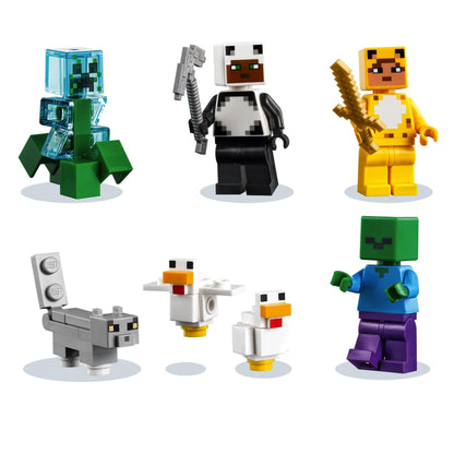 LEGO® Minecraft mini figures including Creeper, Panda, and animals in a fun, colorful arrangement.