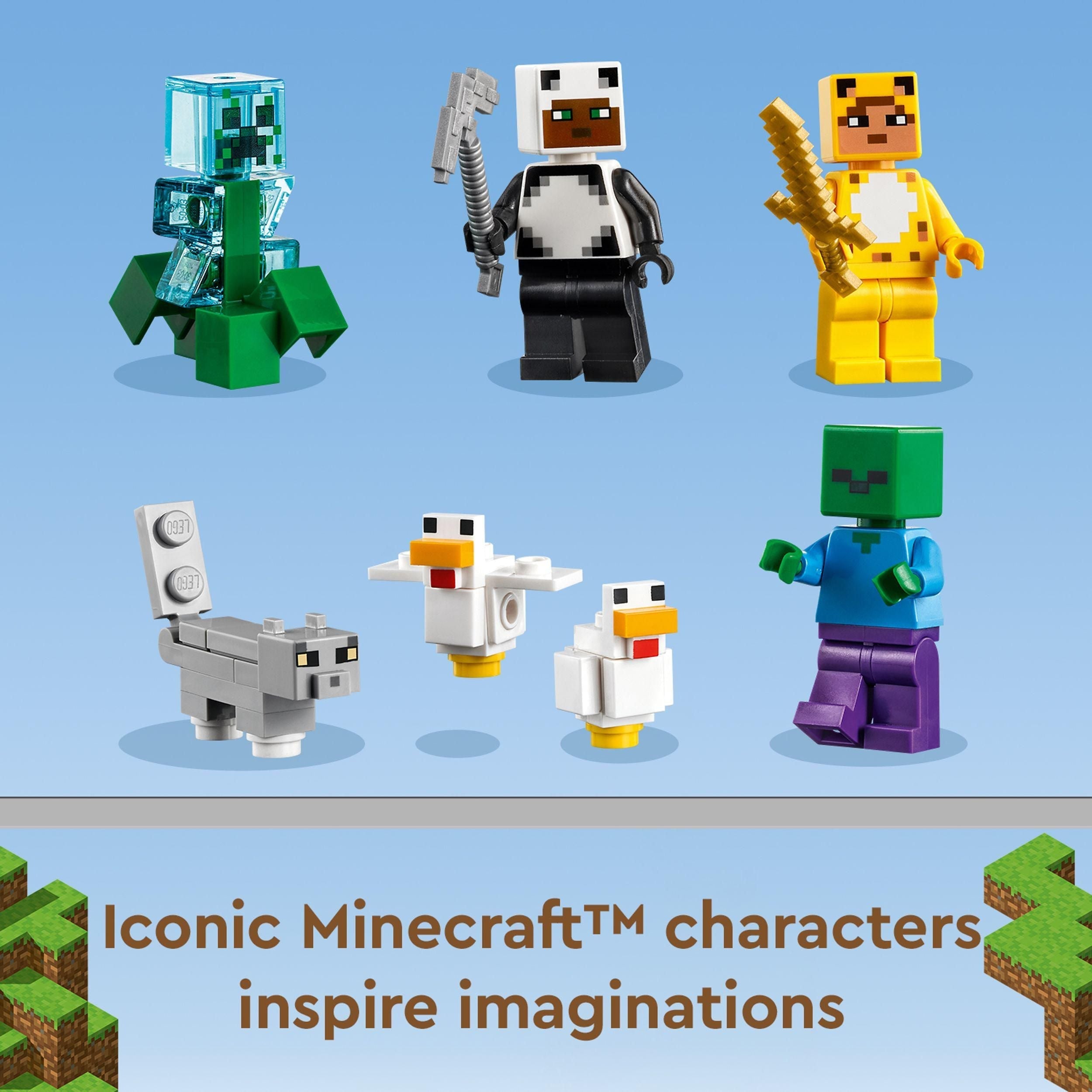 LEGO Minecraft figures showcase iconic characters including Creeper, Panda, and Zombie for imaginative play.