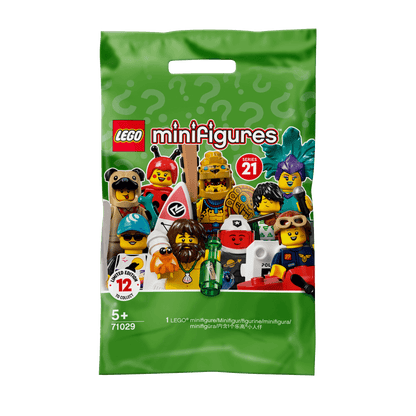 LEGO® Minifigures Series 21 Set 71029 featuring 12 unique characters and accessories in a mystery bag.