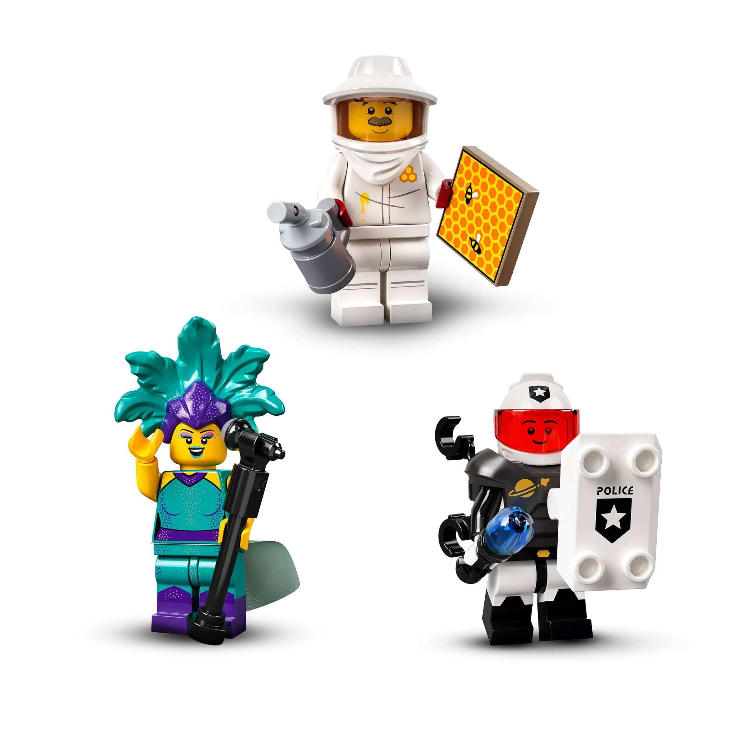 LEGO® Minifigures Series 21 Set 71029 featuring three characters with accessories including a beekeeper and police officer.