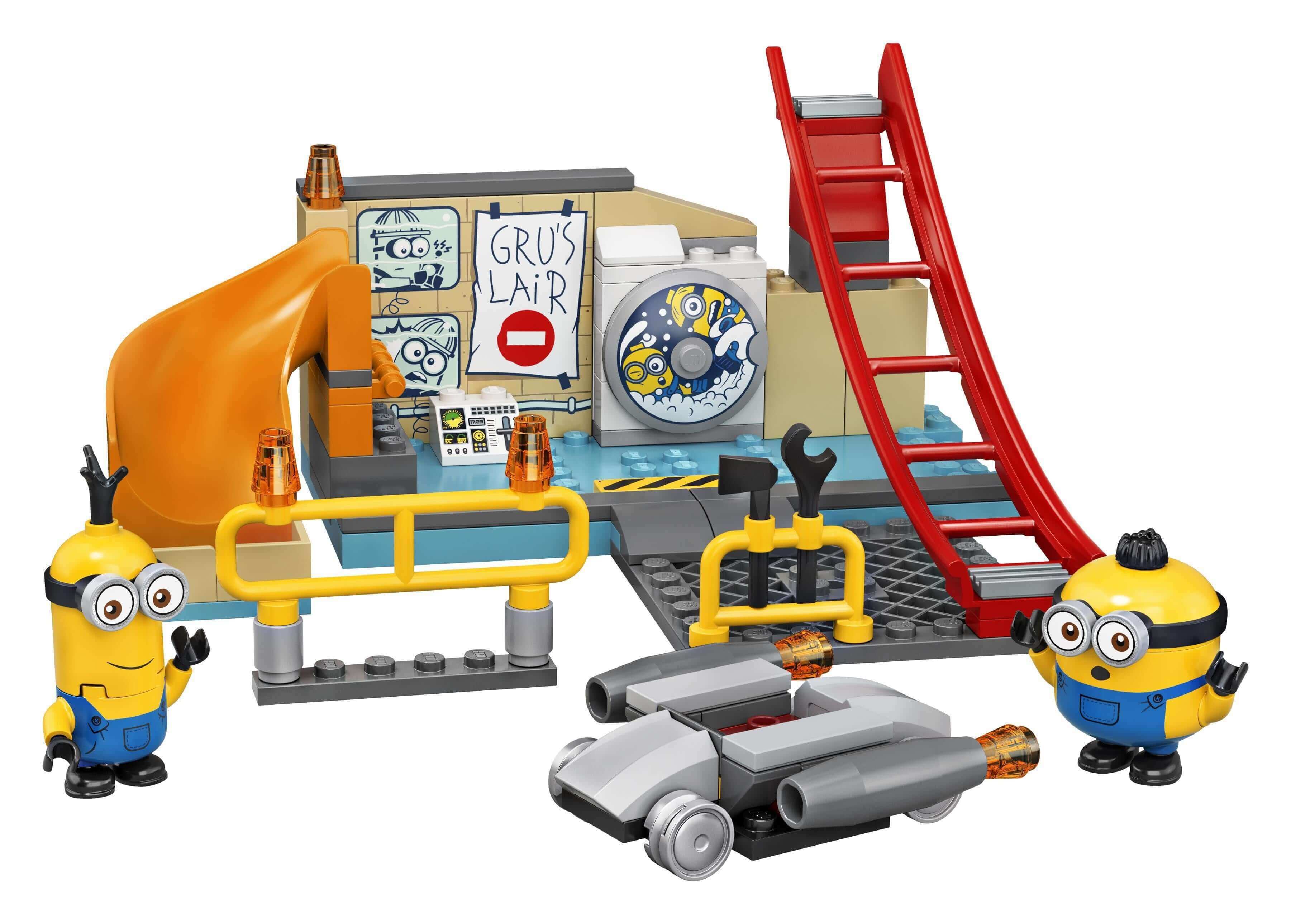 LEGO® 4+ Minions in Gru’s Lab Building Set 75546 featuring Kevin and Otto figures, lab slide, and hover vehicle.
